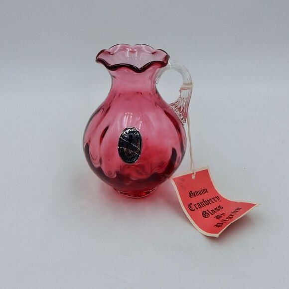 Pilgrim Glass Handblown Cranberry Vase Pitcher Optic Clear Handle 4.5 In Tag - Picture 1 of 10
